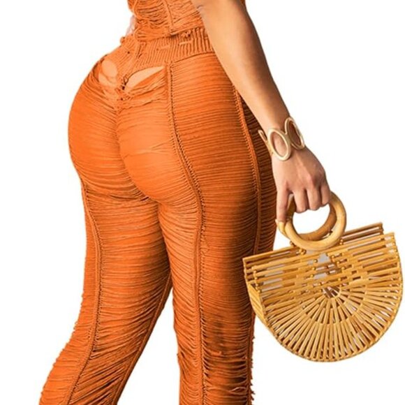 Crochet Orange Hollow Out One-Piece Bikini See Through Cover Up Jumpsuit SZ M - Picture 5 of 10